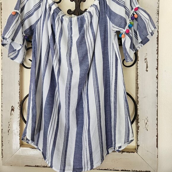Promesa Women`s Boho Striped Top White /Blue Stripes M - Picture 3 of 5
